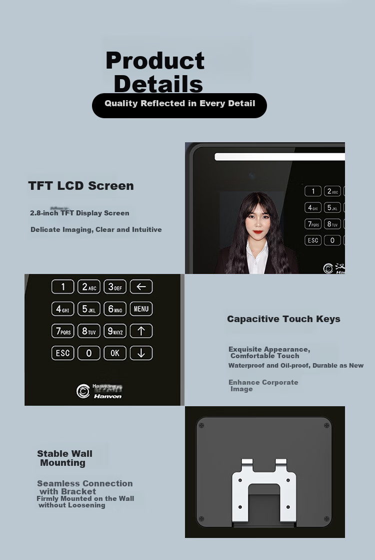 Hanvon Attendance Machine with 0.1 Second Facial Recognition Check-In, 300 Face Capacity, No Network Required, Visible Light Recognition, One-Click Report Export HW-D2 9