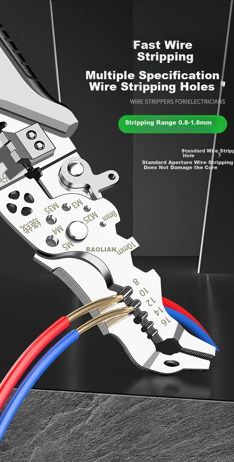 Baolian Wire Stripping Pliers, Multi-Functional Fiber Optic Cable Cutter for Electricians, Stainless Steel Bent-Nose Model 2