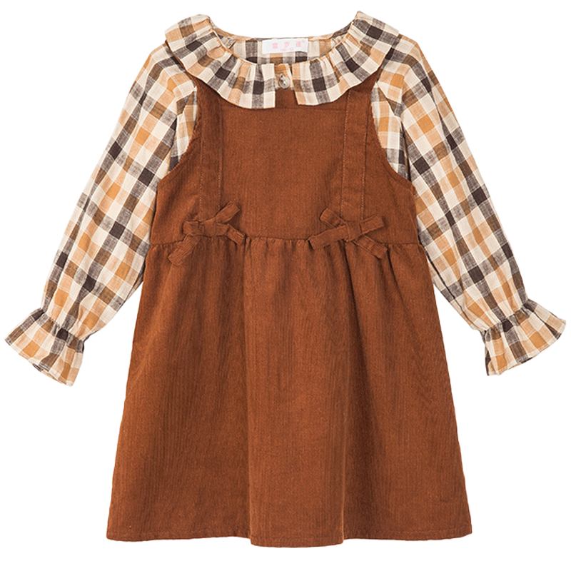 Fulomi Girls Baby Set Spring Autumn Plaid Shirt Vest Dress College Style Two-Piece Coffee Color 110