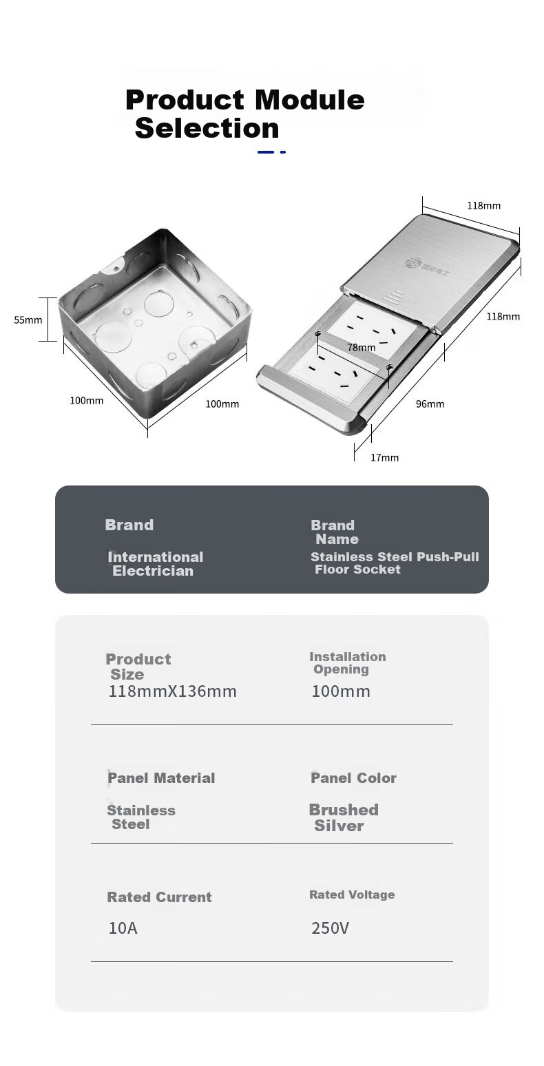 FDD Floor Socket, Hidden Flat Push-Type Floor Socket, Ultra-Thin Sliding Cover, Stainless Steel Waterproof Push-Pull Floor Socket Box, Silver, Five Holes 9