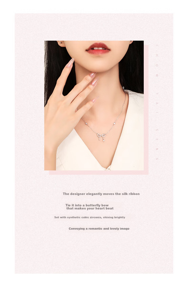 CHOW TAI SENG [Birthday Gift] Butterfly Knot Pure Silver Necklace for Women, Luxurious Niche High-End Collarbone Chain for Girlfriend 3