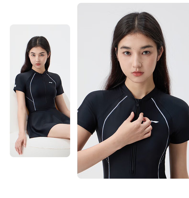 Li-Ning Women's Swimsuit, Sun Protection One-Piece Dress Swimwear, Conservative Plus Size, Tummy Control, Hot Spring Swimwear, 0631 Black XXL 6