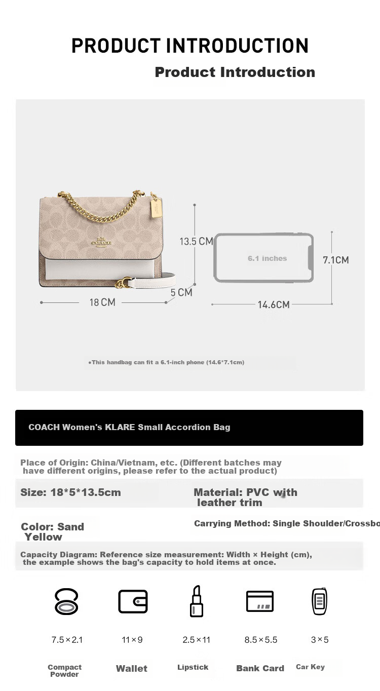 COACH [Brand Direct Supply], Women's KLARE Shoulder Crossbody Accordion Bag, Sand Yellow/white CW206, Gift 2