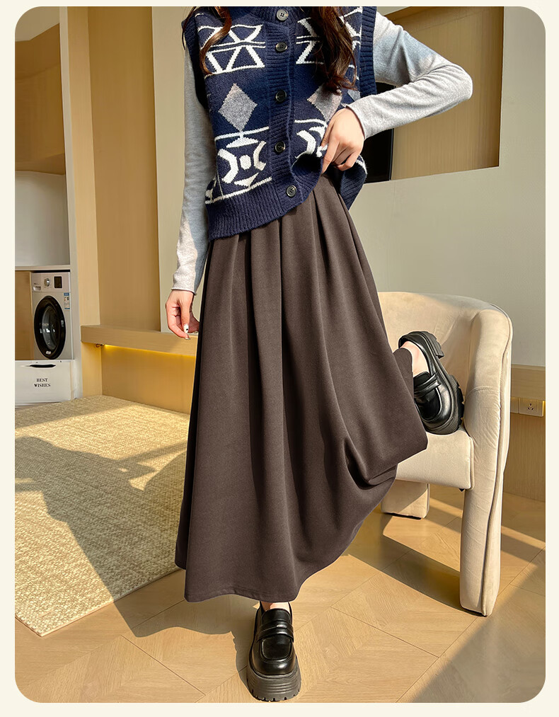 LangSha Women's Woolen Feel Skirt 2026 Spring Autumn High Waist Loose Slim A-Line Mid-Length Skirt 21
