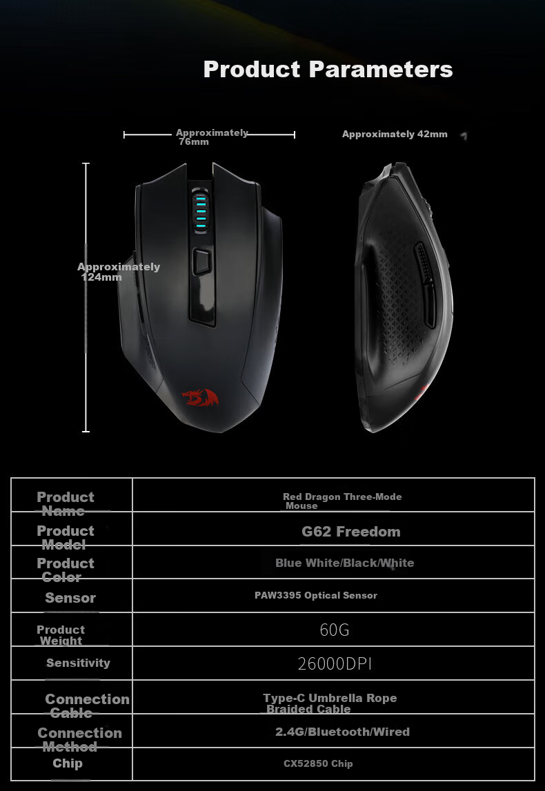 REDRAGON G62 Medium to Large Hand Size Bluetooth 2.4G Wired Tri-Mode Gaming Mouse Ergonomic Lightweight Gaming Mouse Basic Model - Black 11