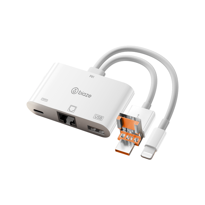 BIAZE Apple 16 Network Card RJ45 Type-C/Lightning/USB Triple Interface Adapter iPad Mobile Phone Laptop Ethernet OTG Dock P81