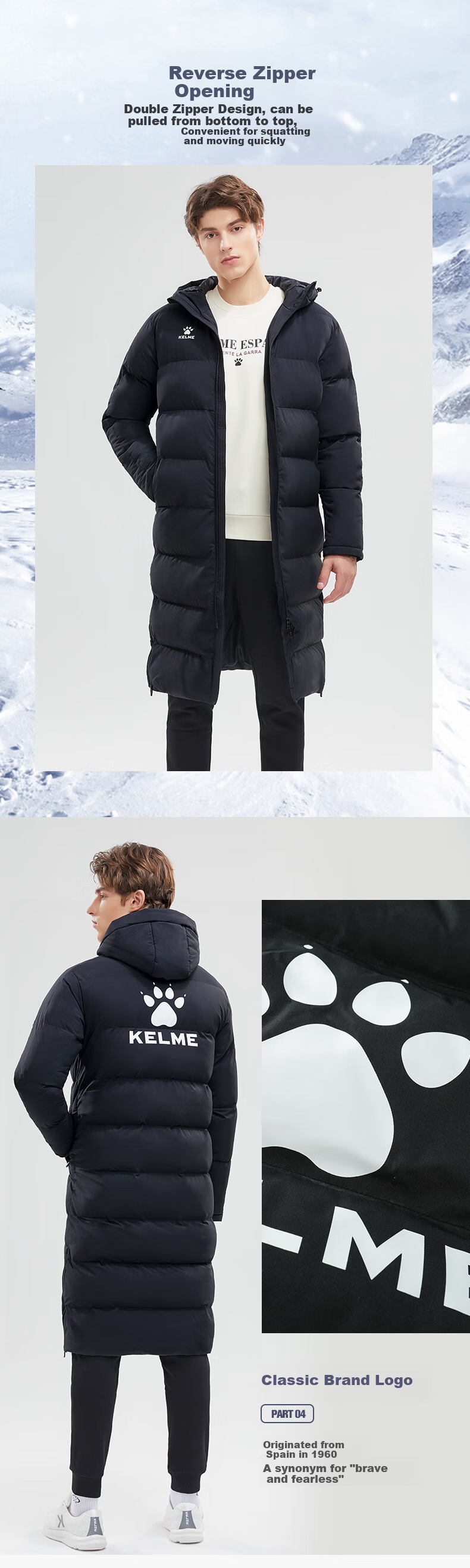 KELME Long Hooded Cotton Jacket for Men, Winter Over-Knee Warm Life Training Coat Windbreaker, Black, M 2