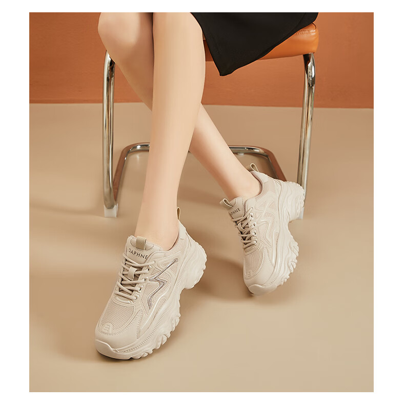DAPHNE Thick-Soled Casual Shoes for Women, Lightweight Height-Increasing Low-Top Sneakers, Comfortable High-Heeled Dad Shoes, Women's Footwear, Beige, Size 37 6