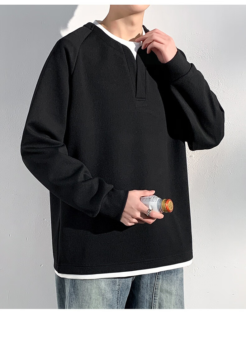 Foss Phil Men's Sweatshirt, Spring And Autumn Korean Style Patchwork Versatile Fake Two-Piece Casual Inner Layer Base Top, 2504 Black XL 10