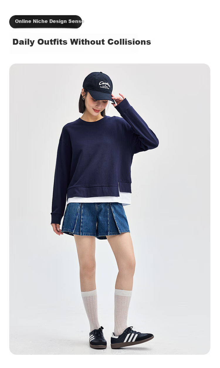 Giordano Women's Sweatshirt, Pure Cotton, Faux Two-Piece, Irregular Hem, Youthful Round Neck Pullover, Women's Style 13324734 7