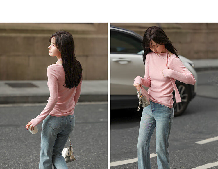 Mt [Hanfan Geleixi] Winter Style, Elegant Simple Ribbon Neckline Long-Sleeve Pullover Sweater 3