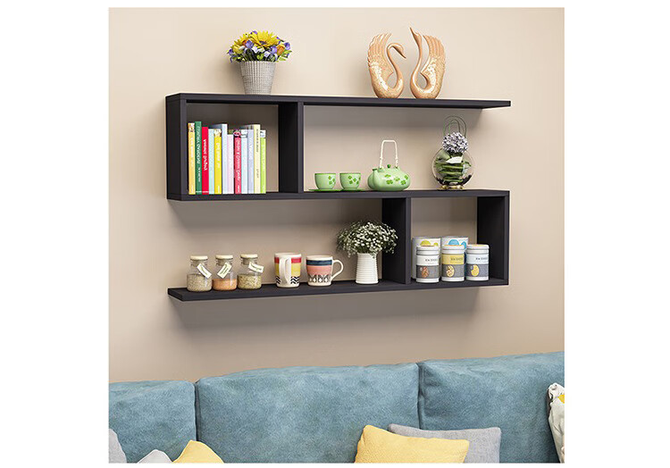 Ourunzhe Wall-Mounted Storage Rack, No Drilling Required, Double-Layer Hanging Cabinet, S-Shaped Storage Shelf, Decorative Bookshelf, Walnut Color 8