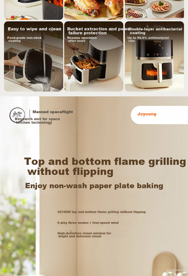 Joyoung Home 6.5L Large Capacity Electric Air Fryer with Upper And Lower Heating, No-Flip Design, Visible Window, 5 Cooking Modes, Adjustable Texture, Air Fryer KL65-V573 2