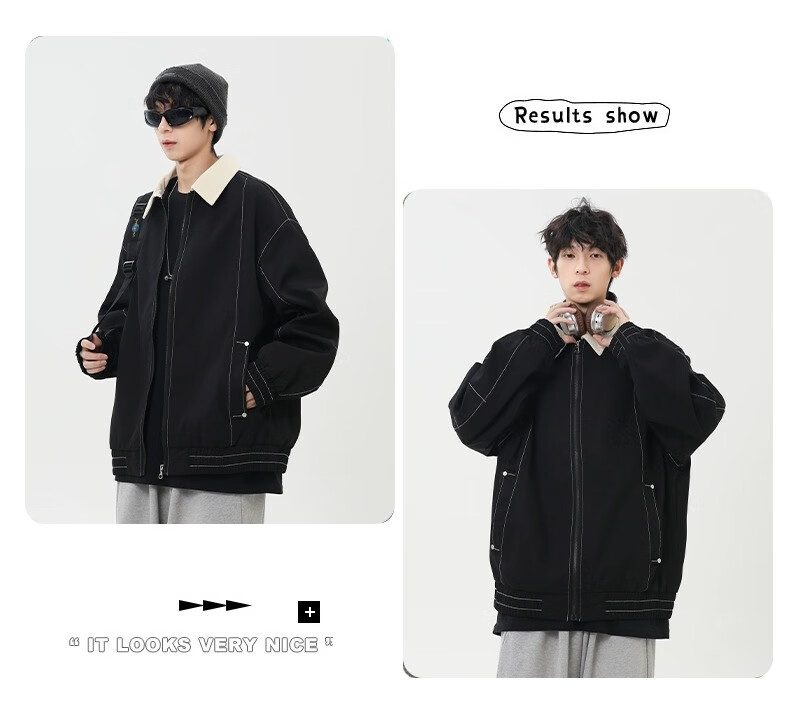 Wassup Sohot Men's Jacket, Spring And Autumn American Workwear Style Coat, Trendy Loose-Fit Lapel Outerwear for Men, Black, Size M 5