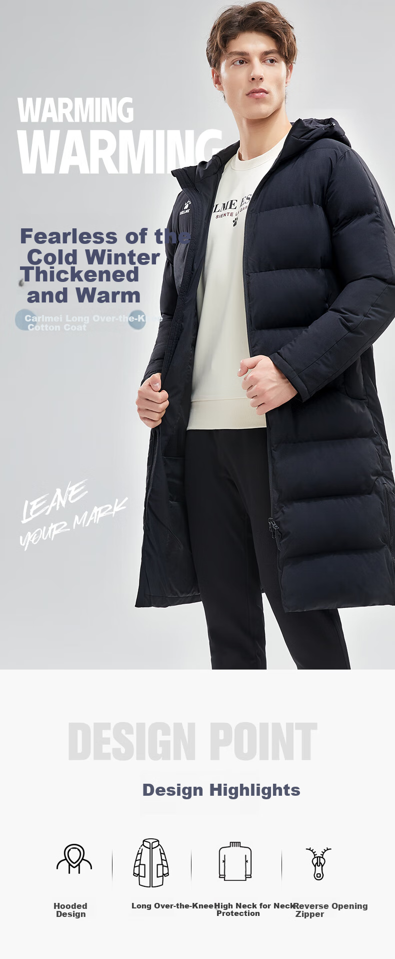 KELME Long Hooded Cotton Jacket for Men, Winter Over-Knee Warm Life Training Coat Windbreaker, Black, M 1