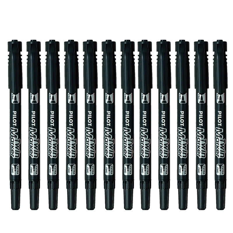 PILOT SCA-TM Dual-Tip Permanent Marker Pen for Art, Elementary School Students' Markers, Line Drawing And Outlining Pens, Stationery Office Supplies, Black, 12 Pieces