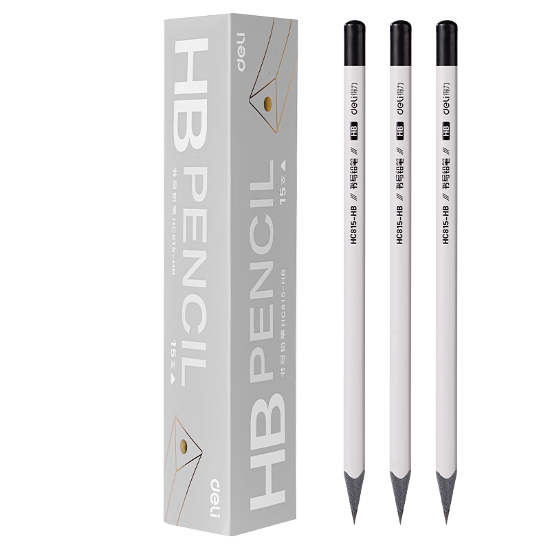 Deli 15-Pack HB White Gray Wood Triangular Writing Pencils Drawing Doodling Sketching Exam Filling HC815-HB Student School Stationery