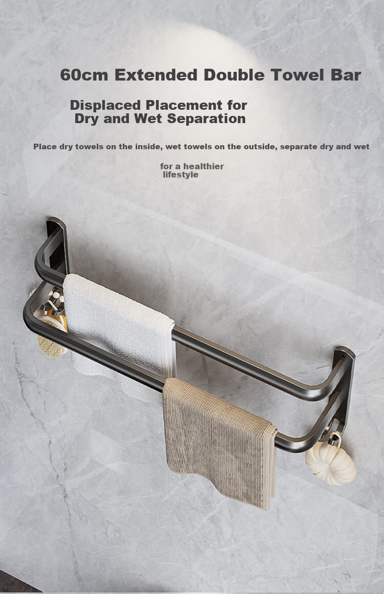JD Original Anti-Gravity Pro No-Drill Double-Rod Towel Rack, Space Aluminum Thickened Single-Rod Kitchen Bathroom Shower 60cm 5