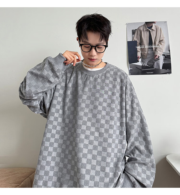 Dingfengbaoluo Japanese-Style Plaid Crew Neck Sweatshirt for Men, Spring Loose-Fitting High-End Casual Base Layer Top DFL77 Black XL 22