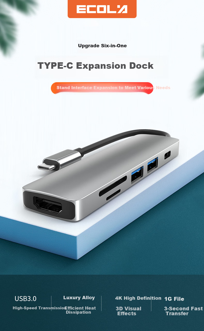 ECOLA Type-C Five-In Docking Station with Charging Port, Compatible with Apple And Huawei Laptops, USB2.0/HDMI/VGA/PD Fast Charging CB-A053GR 1