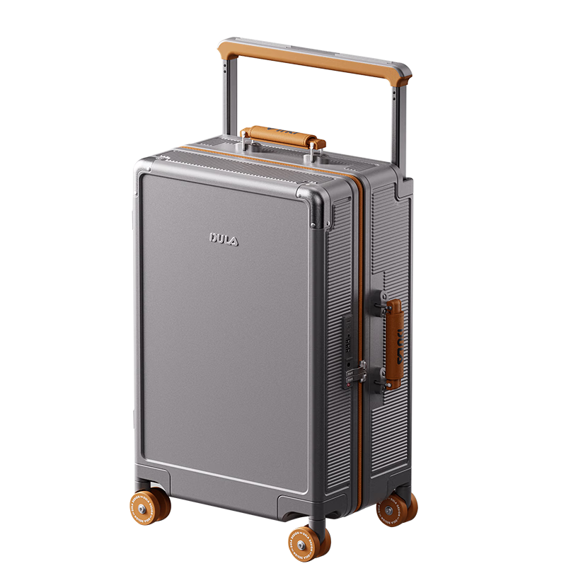 DULA Luggage Wide Handle Suitcase Multifunctional Small Carry-On Travel Password Lock Case Leather Suitcase in Ash Gray Brown 20 Inch