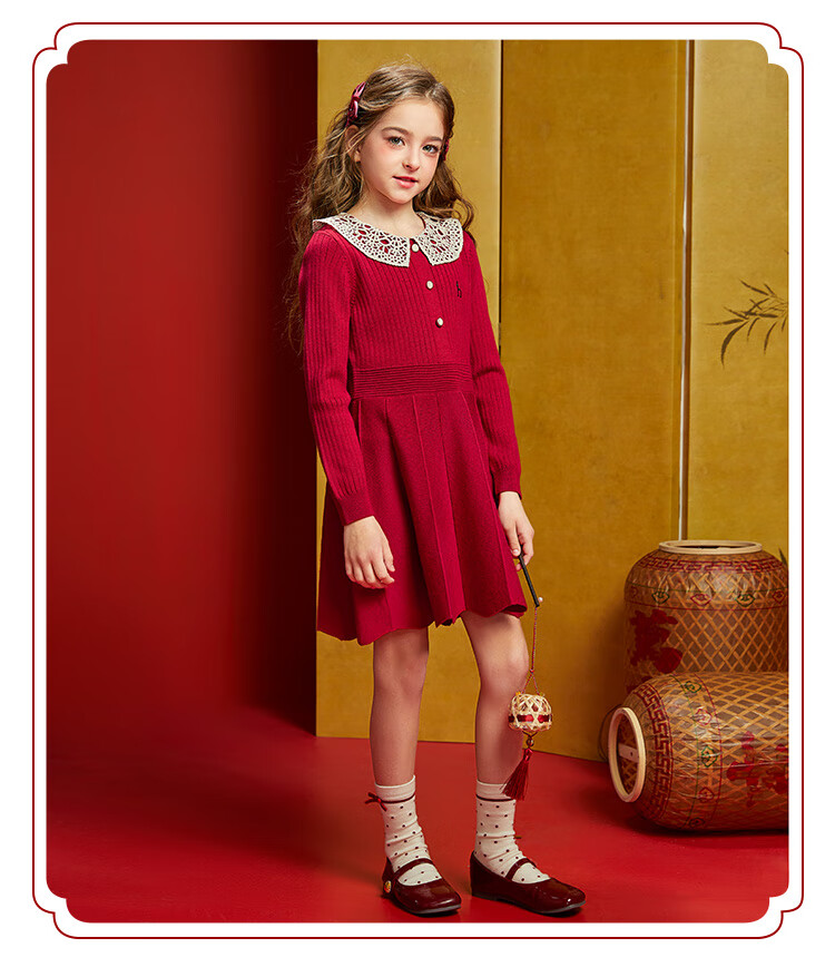 HAZZYS Brand Girls' Dress, Winter New Style, New Year Red Elastic Long-Sleeve Dress, Monet Purple, Size 105 3