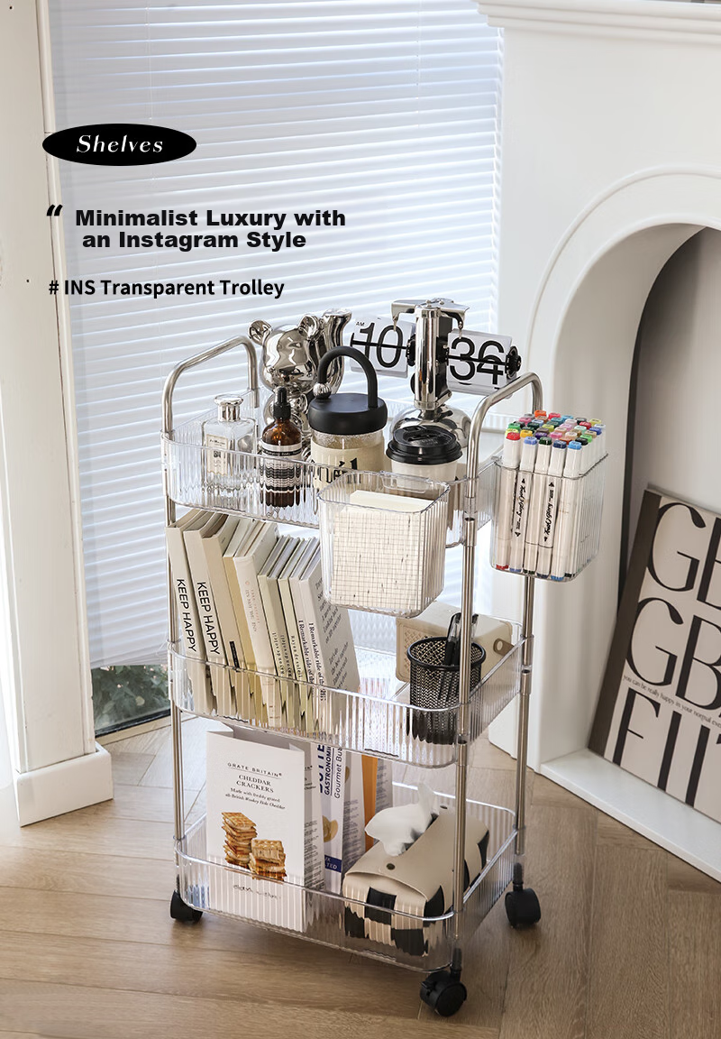 QIAONAMEI Movable Storage Rack, Transparent Storage Shelf, Cosmetic Organizer, Bathroom And Living Room Storage Rack, 1212 4