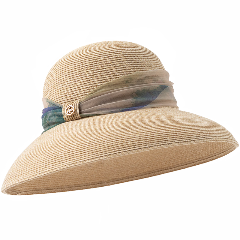 FANCET Straw Hat for Women, Elegant Summer Oregano Tulle Hat with Wide Brim, Vacation UV Protection Sun Hat, Birthday Gift for Elders
