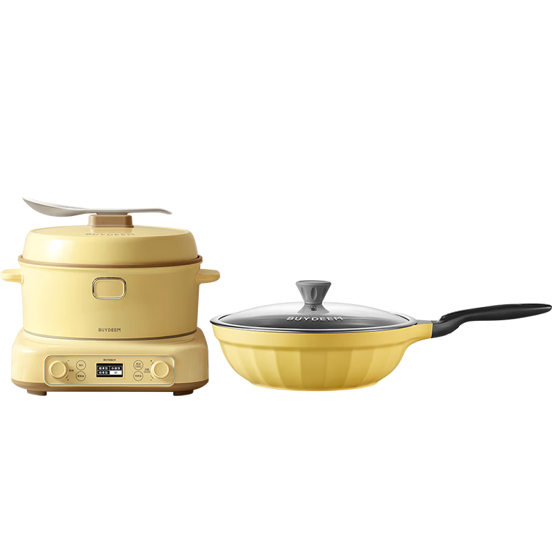Buydeem Rice Cooker, Multi-Purpose Electromagnetic Pot, 3L Capacity for Home Use, Suitable for 2-5 People, IH Heating, Fast Cooking And Steaming, Detachable Non-Stick Inner Pot, RD5731 Small Yellow + 30cm Wok