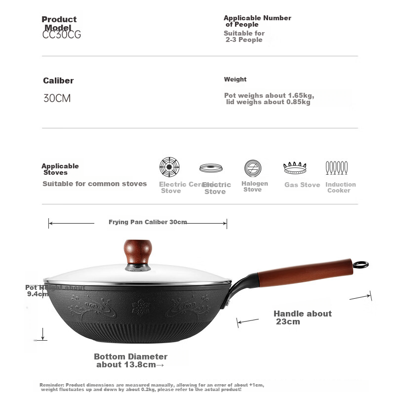 COOKER KING Cast Iron Wok, Flat Bottom Frying Pan, 30cm, Nitrided Anti-Rust, Suitable for All Stoves, Heritage CC30CG