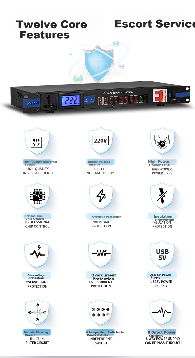Shuledi D-20 Domestic Professional 8-Channel Power Sequencer with Filter, Independent Power Manager with Switch, Voltage Display, Stage Power Protector Controller for Meetings And KTV Audio Systems 11