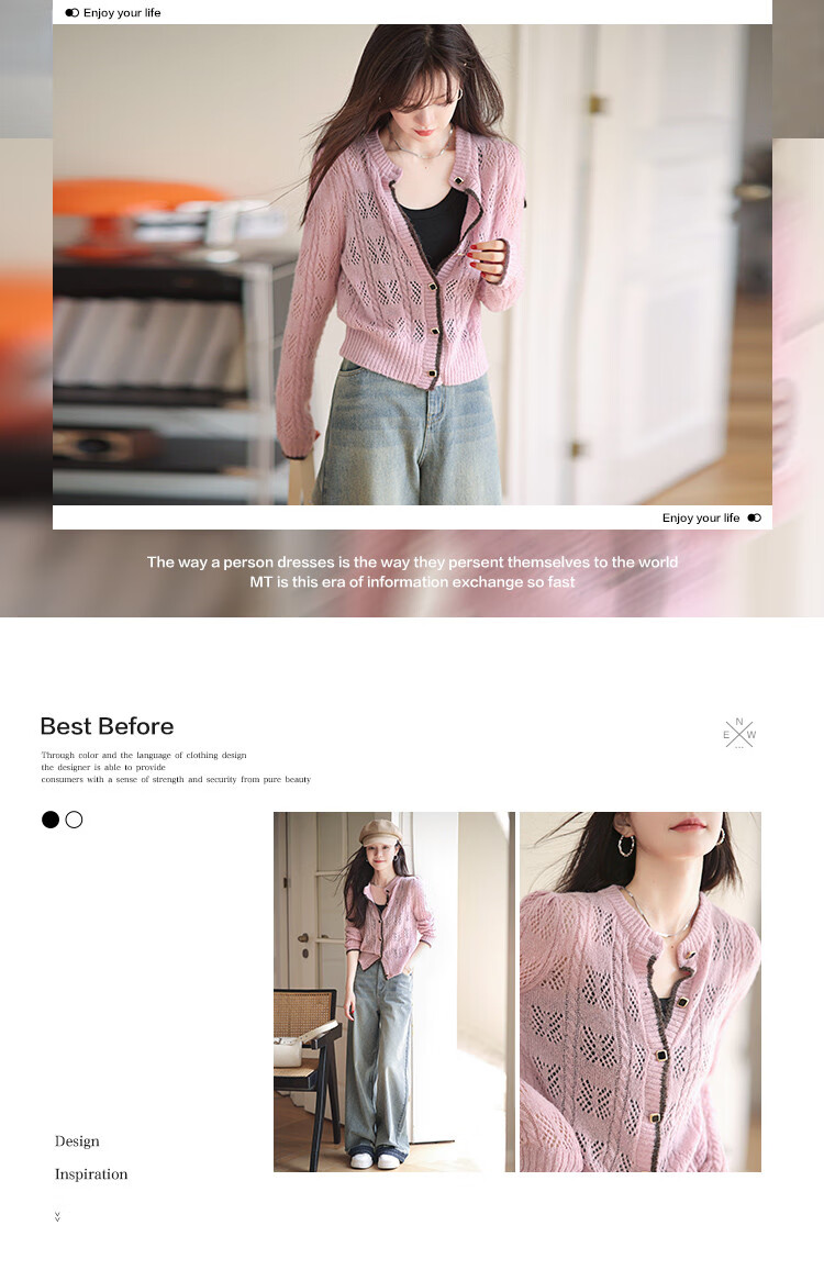 Mt [Contrasting Color Cardigan] Autumn Elegant Vintage Romantic Hollow-Out Contrasting Edge Knitted Cardigan, Pink, Size S 2