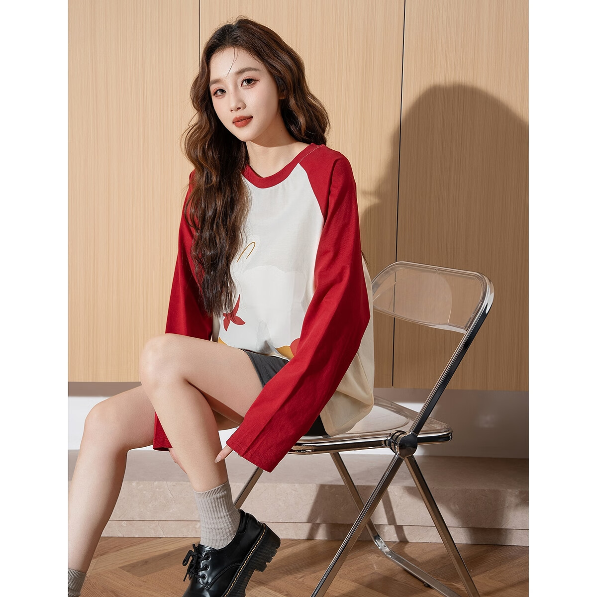 TonLion 2025 Women's Front Chest Print Raglan Long Sleeve T-Shirt, Cherry Red, M