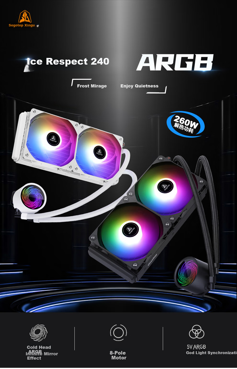 Segotep Ice Smart 360 White All-In Liquid-Cooled CPU Cooler with Screen (3.4-Inch Digital Display/ARGB Lighting/Compatible with AMD/AM4/AM5 Intel 20XX Platform) 1