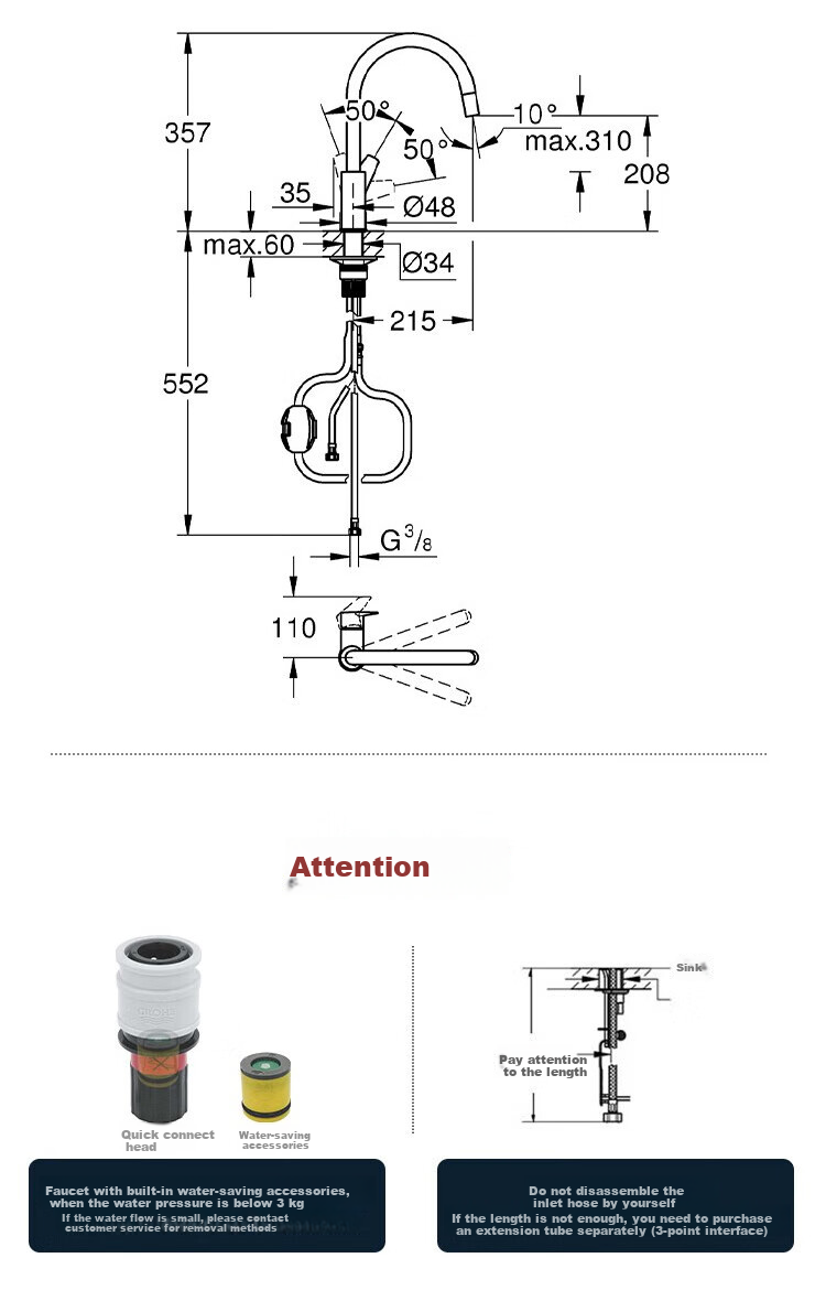 GROHE Kitchen Faucet, Rotating Pull-Out Hot And Cold Water, C-Type Pull-Out Faucet, Household Sink Vegetable Washing Faucet 7