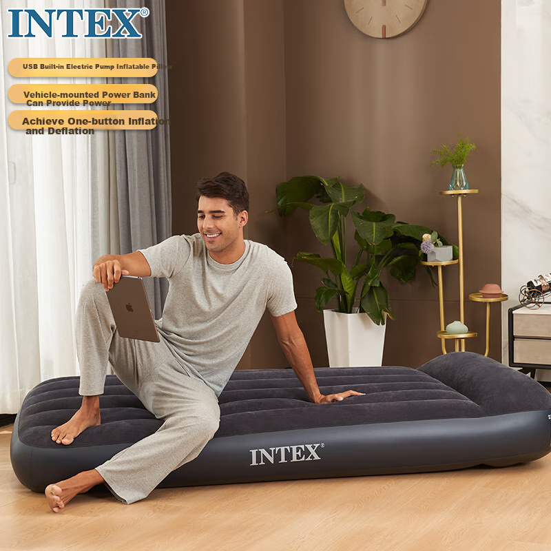 INTEX Built-In Electric Pump USB Port Single-Person Automatic Inflatable Mattress, Nap Tent Moisture-Proof Mat Folding Bed 66127