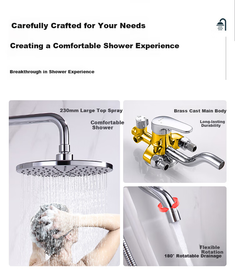 Larsd Surface-Mounted Shower Head Set, Silver Exposed Pipe Shower Head Complete Set with Copper Body Shower Faucet Mixing Valve LD5816 2
