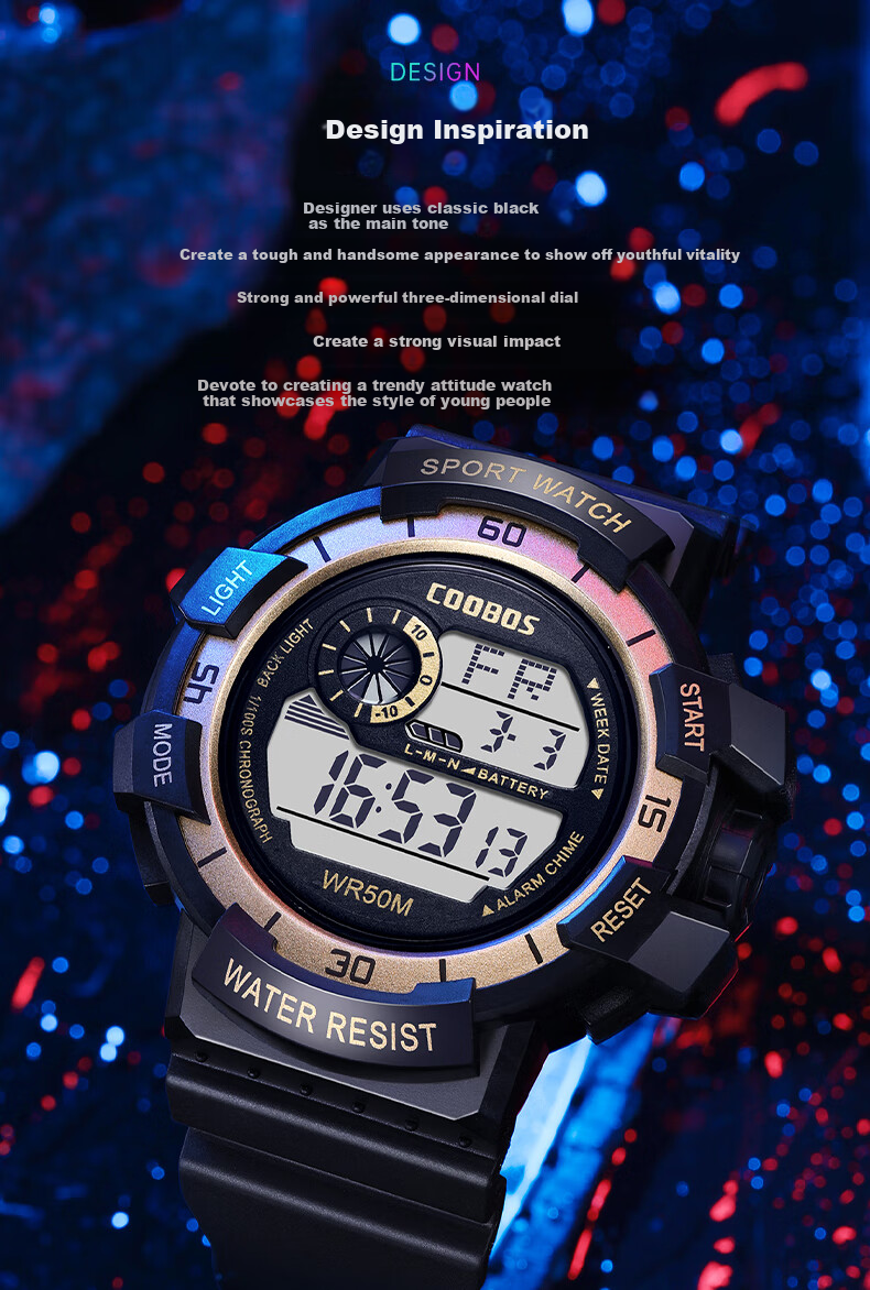 LOUIE JUELEN Electronic Watch for Men, Children's Multifunctional Alarm Clock for Primary And Secondary School Students, Trendy Sports Back-To Season, Black And Gold 3
