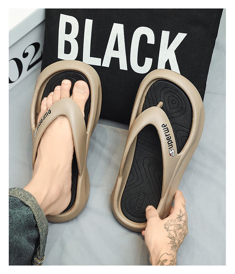 YUZHAOLIN Men's Flip-Flops, Sports Wear, Thick Sole, Height-Increasing, Comfortable Sandals, YY555, Khaki, Size 40/41 15