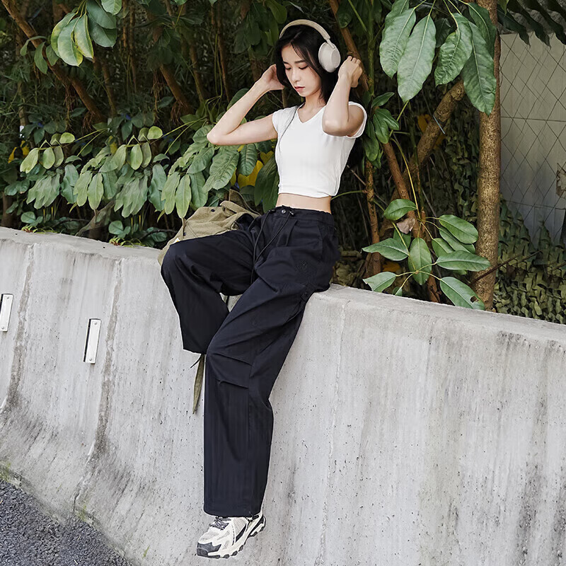 CAMEL Functional Cargo Parachute Pants, Unisex Drawstring Ankle Wide-Leg Trousers, 733CAYL6016C6, Phantom Black, XL