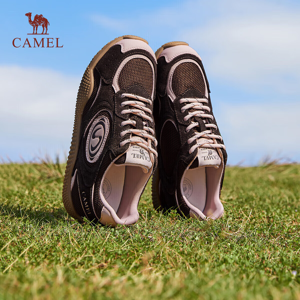 CAMEL Crescent Training Shoes for Women, Versatile Sports Sneakers, Mesh Upper, Retro Casual Shoes, L25S577059, Coffee/pink, Size 35