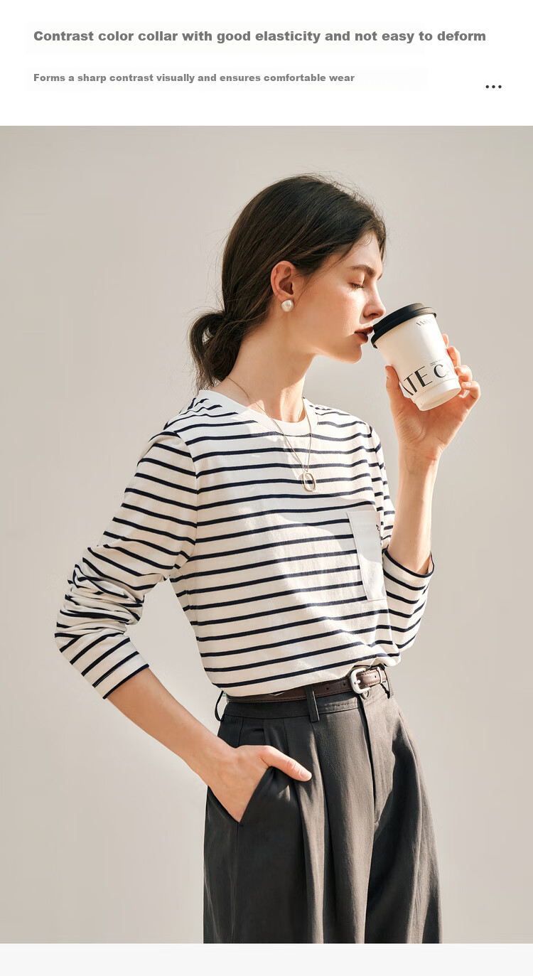 Olrain Women's Striped Long Sleeve T-Shirt Spring Design Pocket Embroidery Top Striped (Upgraded) M 8