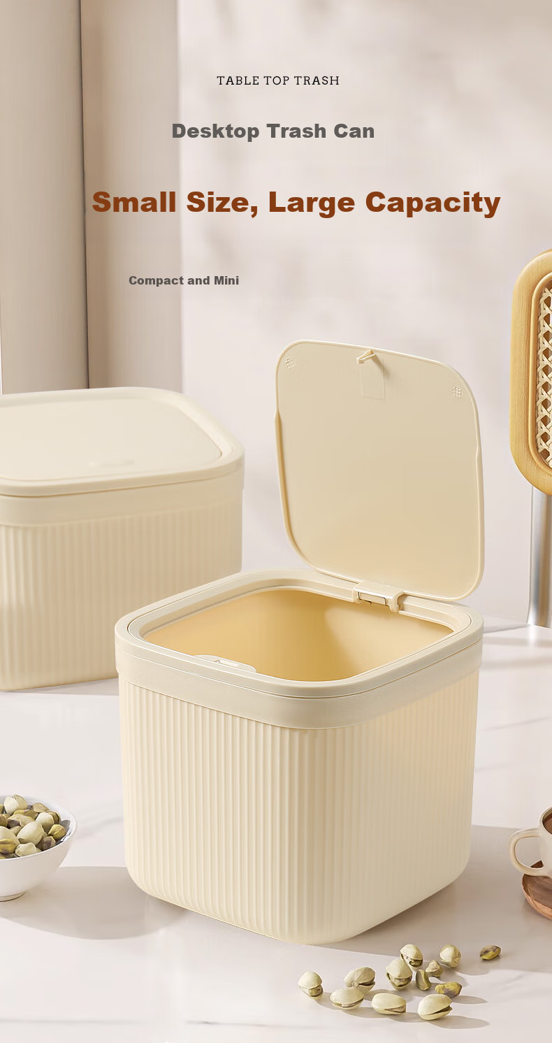 Baijiahaoshi Desktop Trash Can, 5L Khaki Mini Luxury Dining Table And Coffee Table Wastebasket for Living Room, Home Press-Type Small Bin, TV-Watching Essential 1
