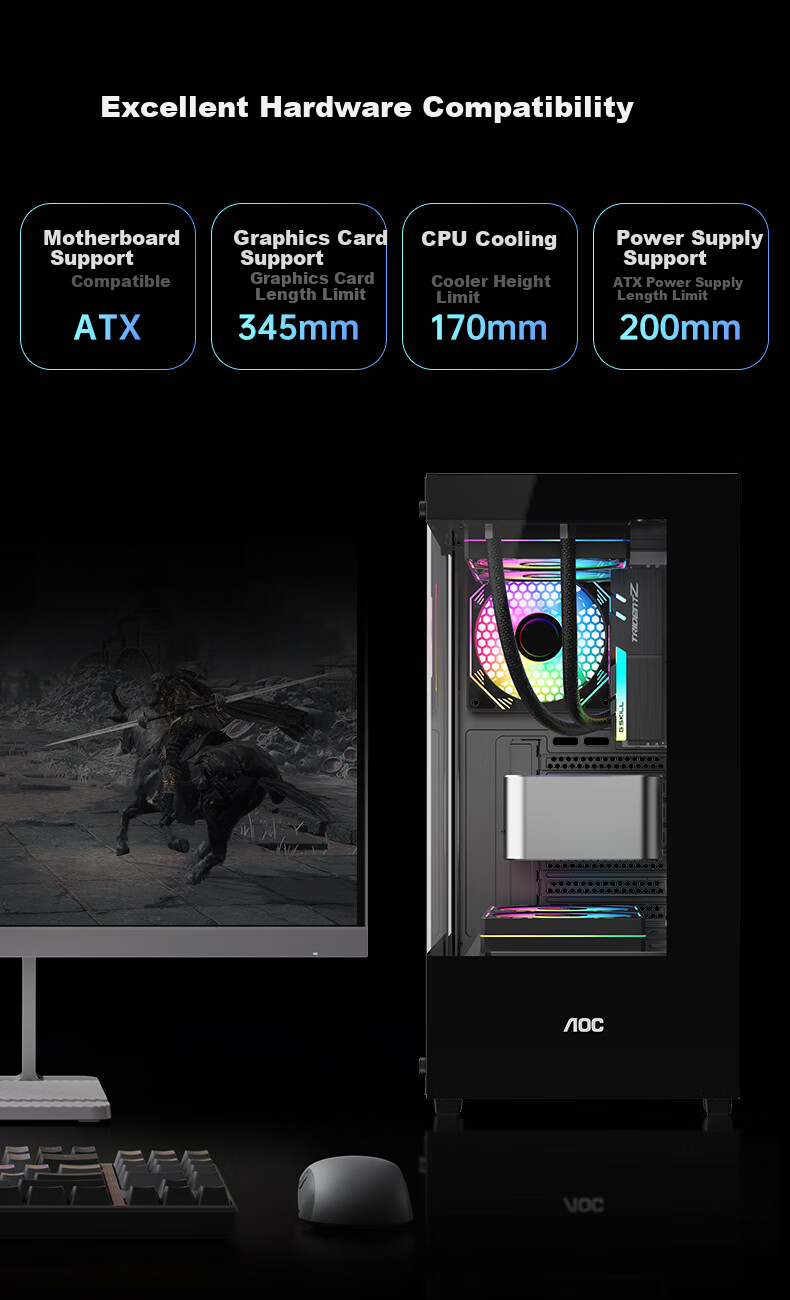 AOC CG390B Black Gaming Computer Tower Case, Dual-Sided Glass, Supports ATX Motherboard, 240mm Water Cooling, 5 Fan Positions, 270° Panoramic View, Upper And Lower Compartments 3