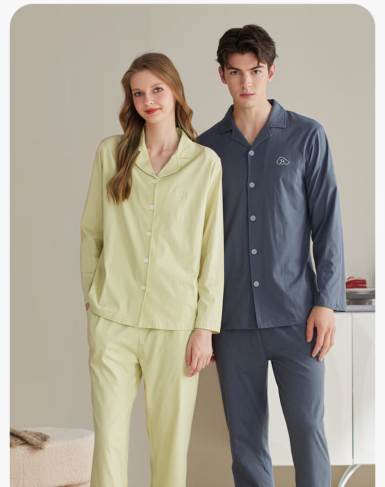 Fenteng Couple's Pajamas, Women's Spring And Autumn New Style, Pure Cotton Long-Sleeve Round Neck Loose-Fitting, Youth Men's Large Size All-Cotton Home Wear Set 1