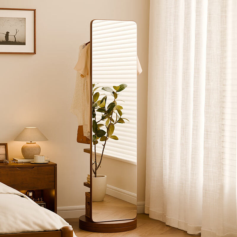 JIAYI Solid Wood Full-Length Mirror, Floor-Standing Rotating Dressing Mirror with Clothes Rack, Integrated Fitting Mirror for Home Bedroom Storage Floor Mirror