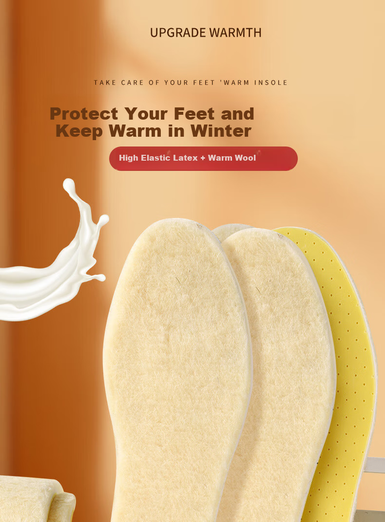 FOOTOPPO Latex Wool Insoles for Women, Winter Cold-Proof Warm Fleece-Lined Insoles for Men, Thick Soft-Soled Fleece Linings for Winter 1