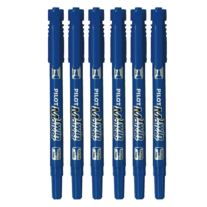 PILOT SCA-TM Dual-Tip Permanent Marker Pen, Art-Specific, Elementary School Student Marker, Line Drawing Outline Pen, Stationery Office Supplies, Blue, 6 Pieces