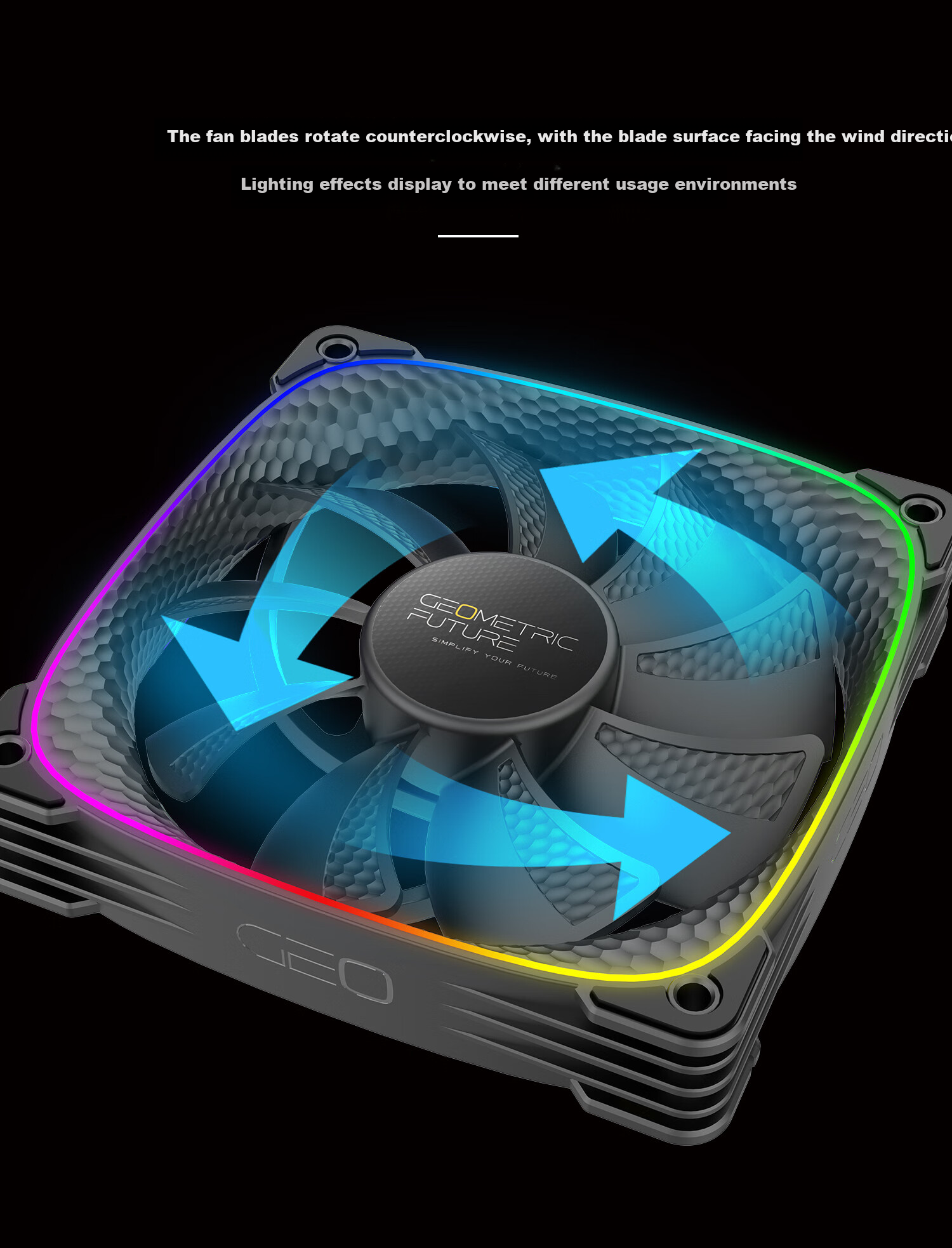 GeometricFuture Case Cooling Fan, Longshen 2503R Reverse Blade Fan, Black, ARGB Light Synchronization/PWM Speed Control, Single Pack 4