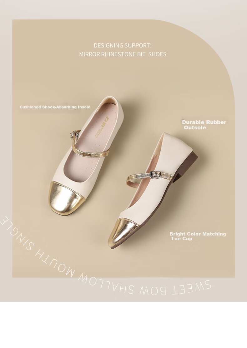 ZHR Women's Single Shoes, Autumn Shallow Mary Jane Shoes, Patent Leather with Straight Buckle, AH335 White Gold, Size 36 2